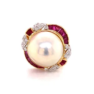 14K T/T Pearl And Ruby And Diamond Fashion Ring