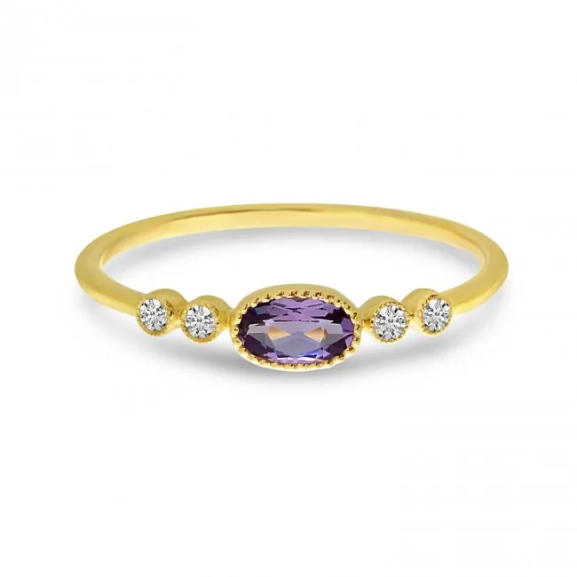 14k Yellow Gold Amethyst and 0.06 Ct Diamond Ring