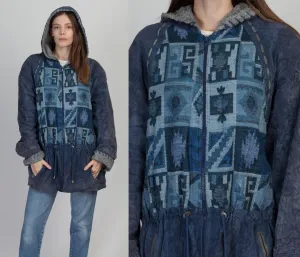90s Blue Suede Southwestern Hooded Coat - Men's Large, Women's XL