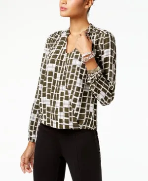Alfani Printed Surplice Tunic Green Block Grids Multiple Sizes