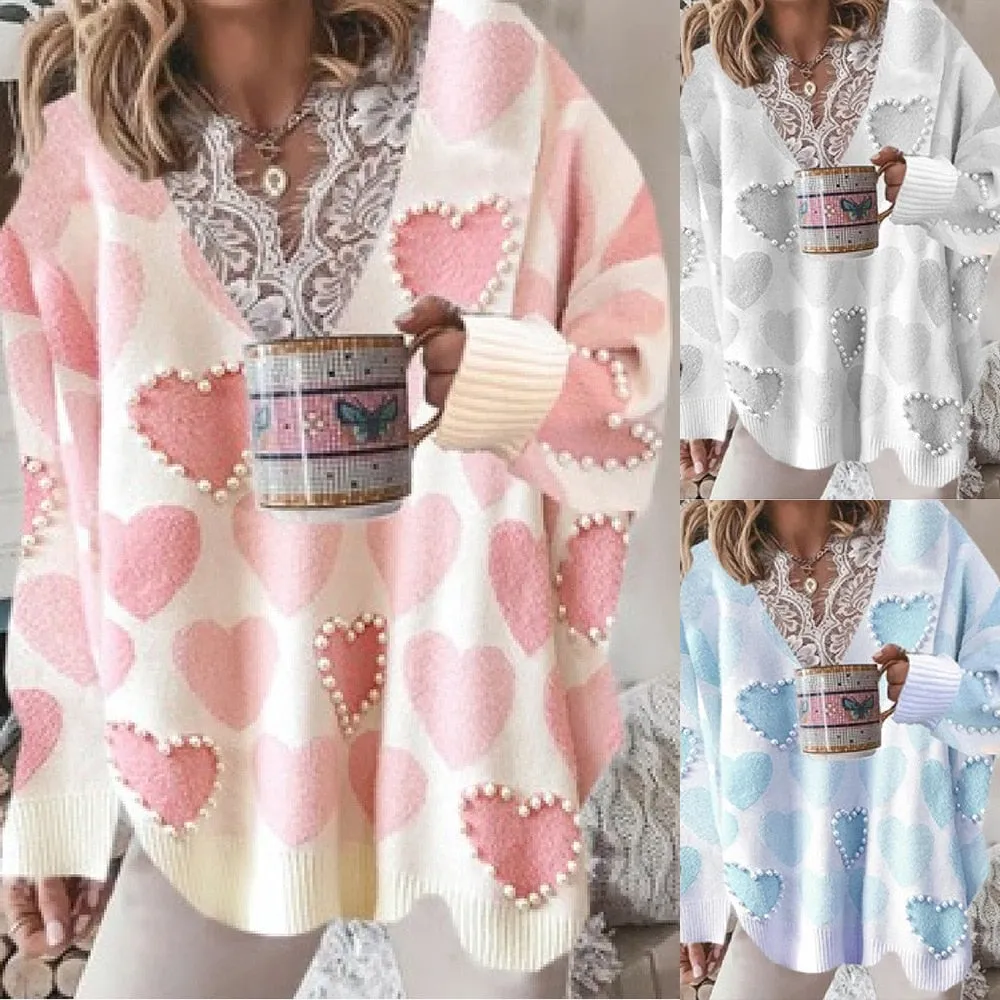 Fashion Sweaters Women Autumn Winter Lace V Neck Heart Print Knit Jumper Long Sleeve Loose Pullovers Plus Size