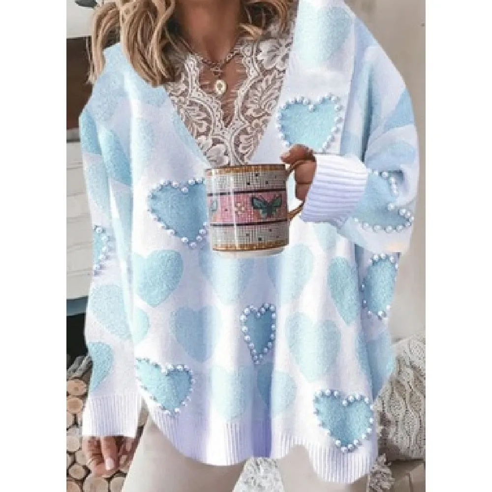 Fashion Sweaters Women Autumn Winter Lace V Neck Heart Print Knit Jumper Long Sleeve Loose Pullovers Plus Size