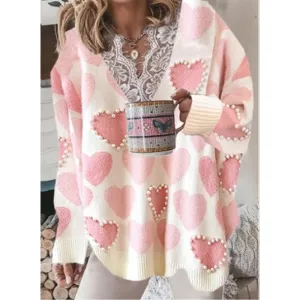 Fashion Sweaters Women Autumn Winter Lace V Neck Heart Print Knit Jumper Long Sleeve Loose Pullovers Plus Size