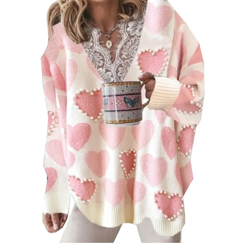 Fashion Sweaters Women Autumn Winter Lace V Neck Heart Print Knit Jumper Long Sleeve Loose Pullovers Plus Size