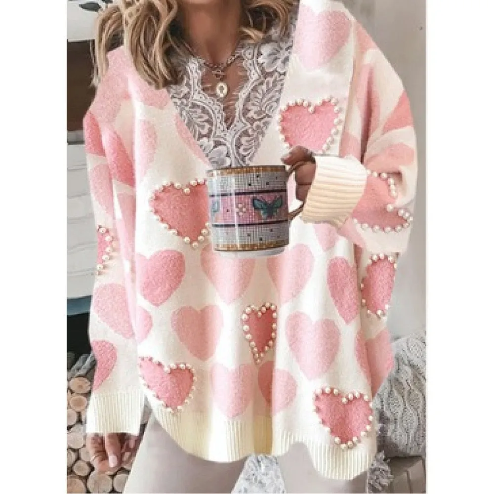 Fashion Sweaters Women Autumn Winter Lace V Neck Heart Print Knit Jumper Long Sleeve Loose Pullovers Plus Size