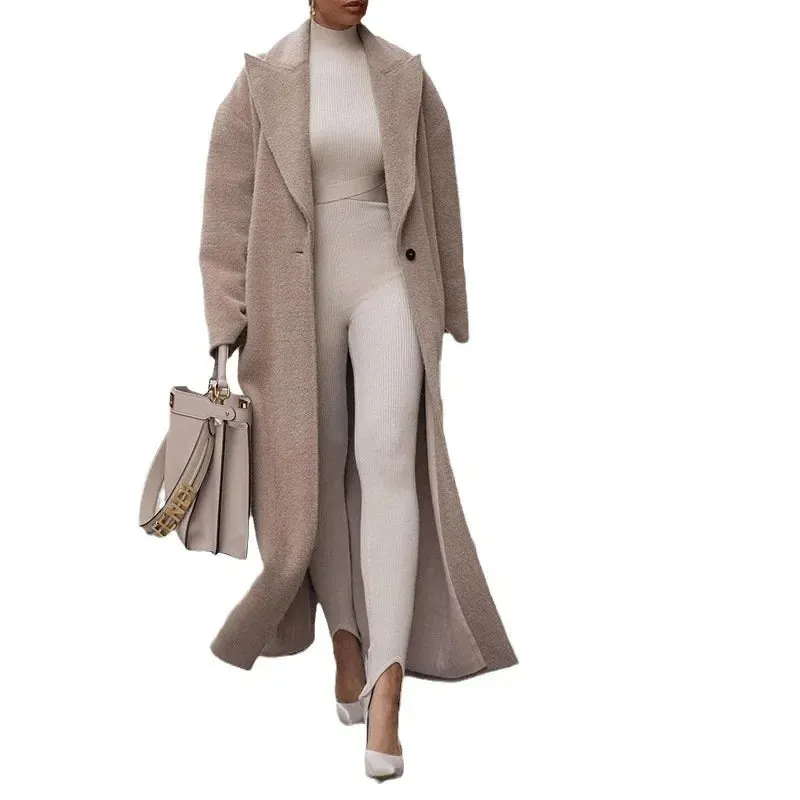 Flytonn-Vintage Long Sleeve Tailored Coat for Women, Monochrome Jackets, Loose Pockets, Button, Fashion Streetwear, New, Autumn, Winter,
