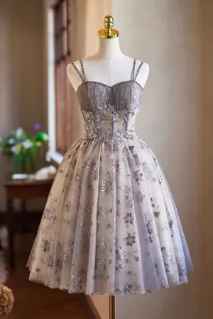 Gray Tulle Sequins Short Prom Dress, A-Line Spaghetti Strap Backless Party Dress