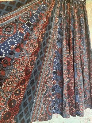 Handblock Printed Panelled Skirt- Ajrakh Blue S