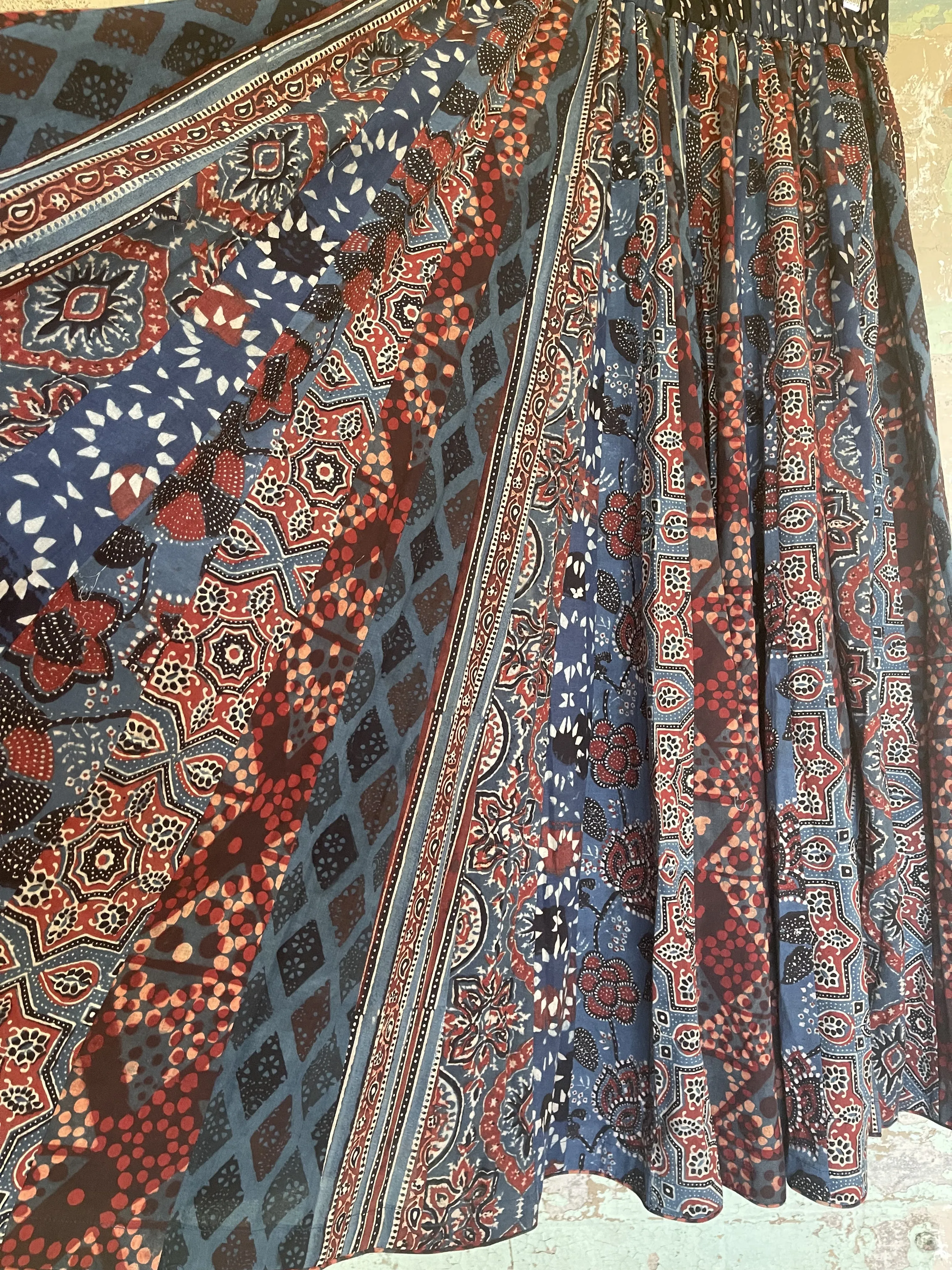 Handblock Printed Panelled Skirt- Ajrakh Blue S