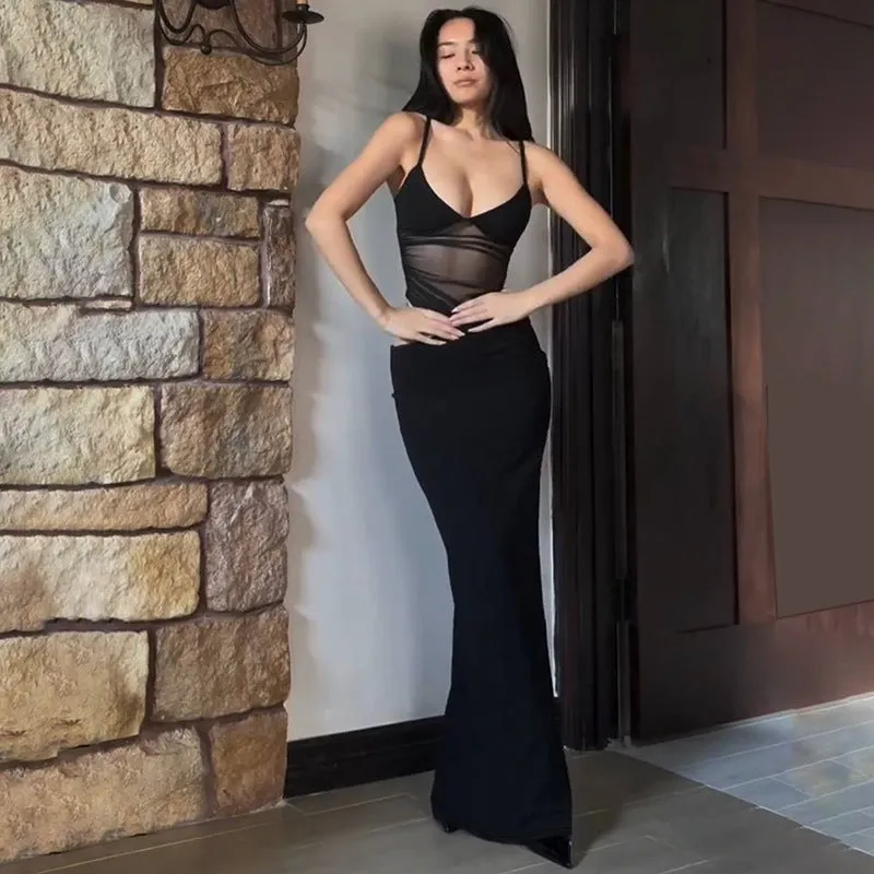 Jean Sheer Mesh Backless Sexy Maxi Dress