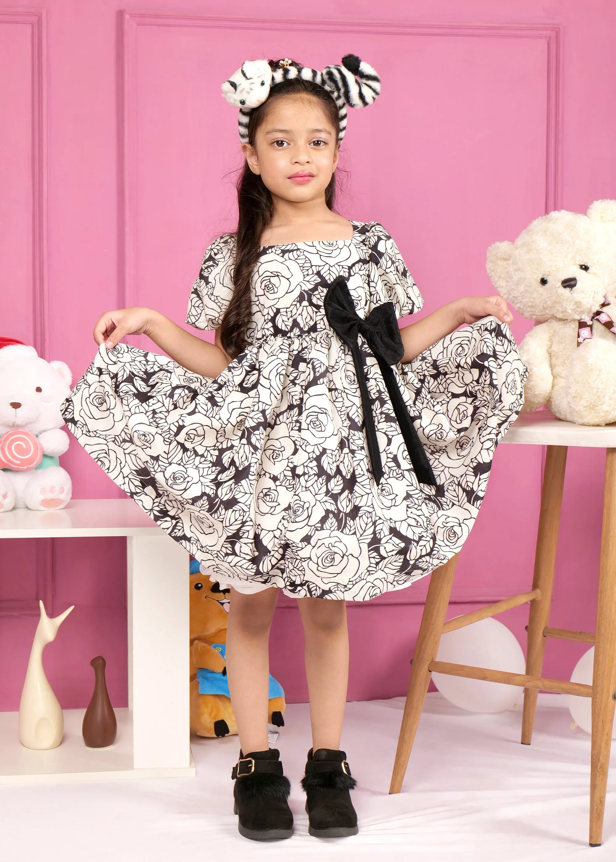 Monochrome Bloom Bow Dress