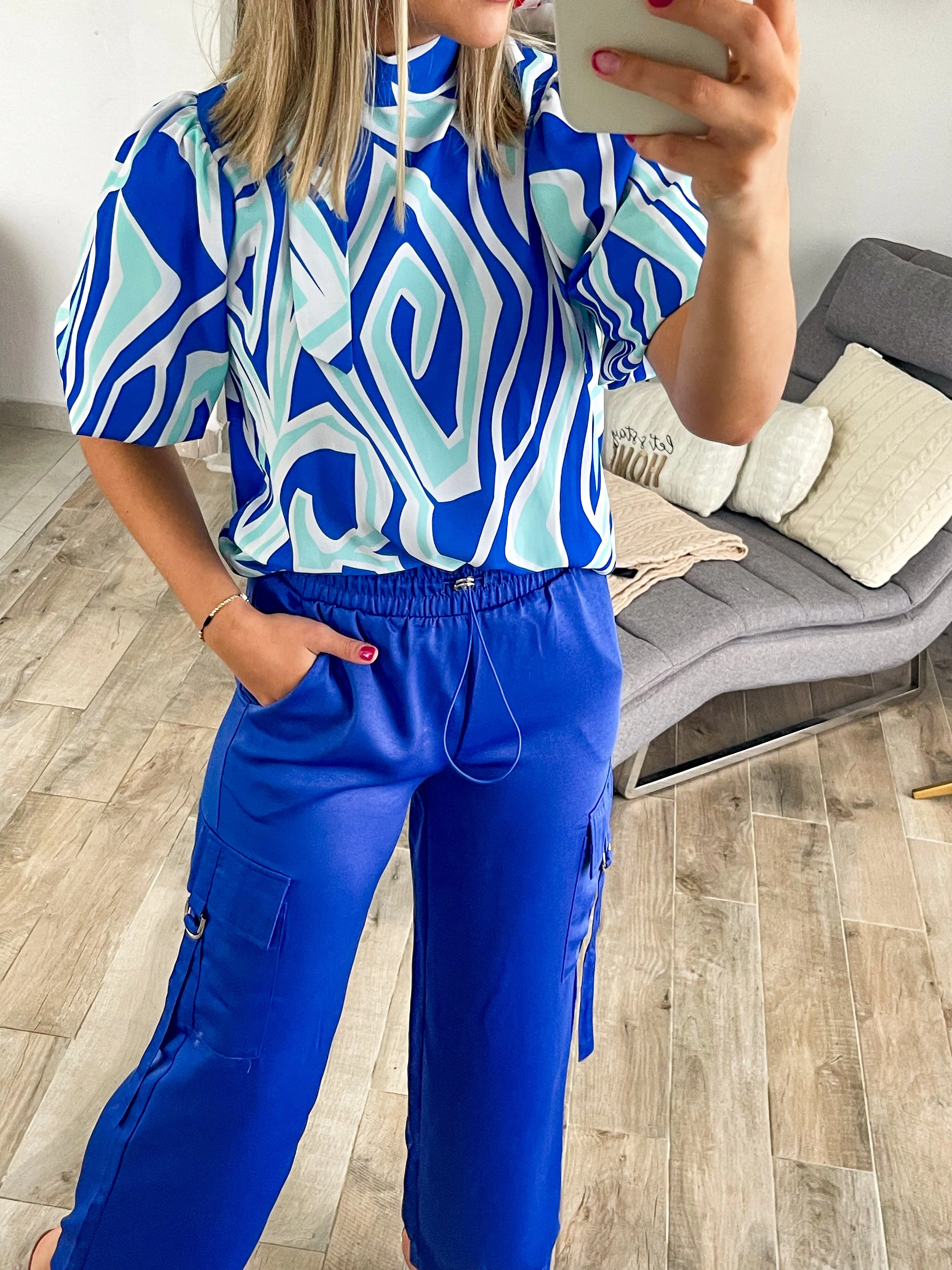 MULTI BLUE PRINT TUNIC BLOUSE