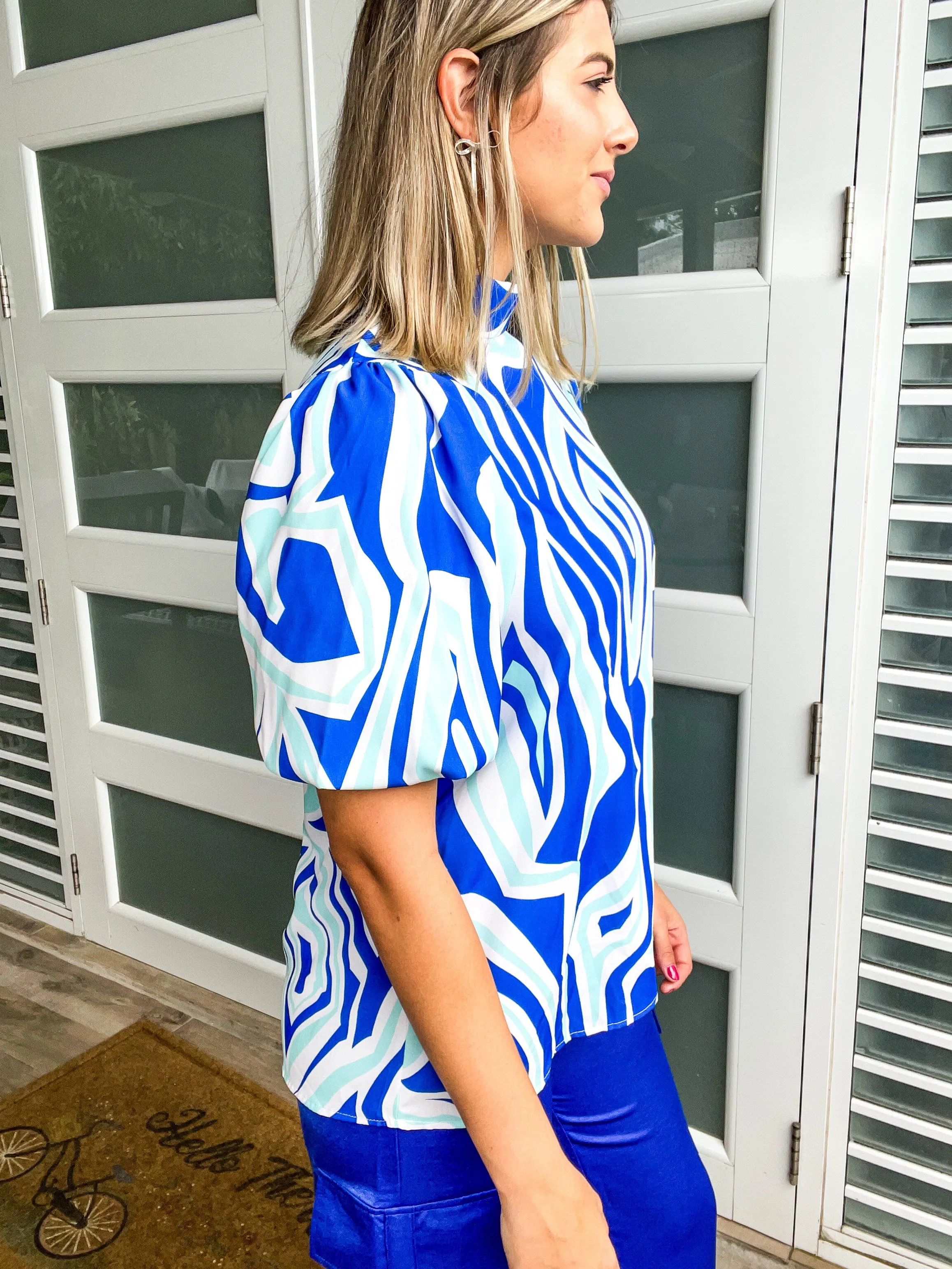 MULTI BLUE PRINT TUNIC BLOUSE