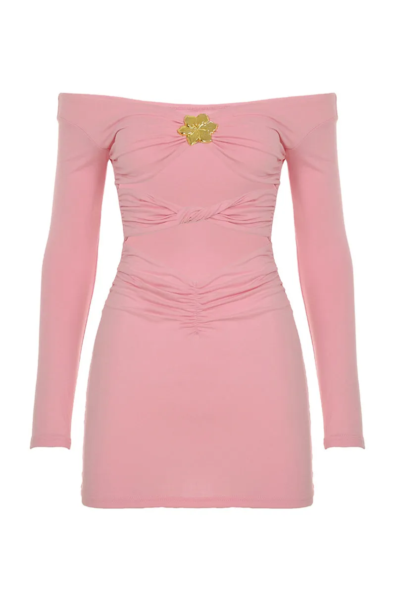 Off Shoulder Long Sleeve Twist Cutout Mini Dress