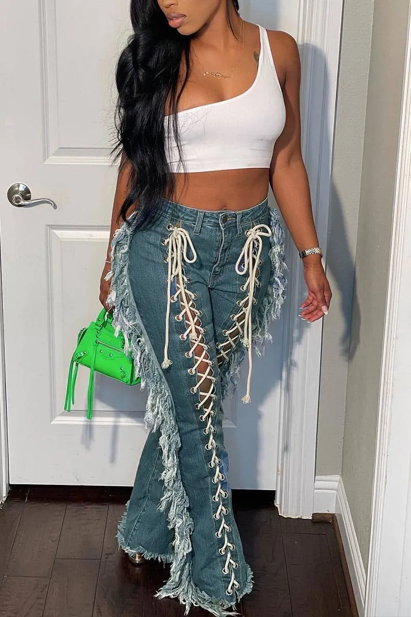 PB855 Side Fringe Lace Up Jeans