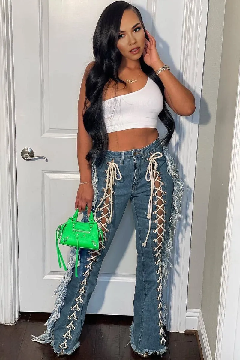 PB855 Side Fringe Lace Up Jeans