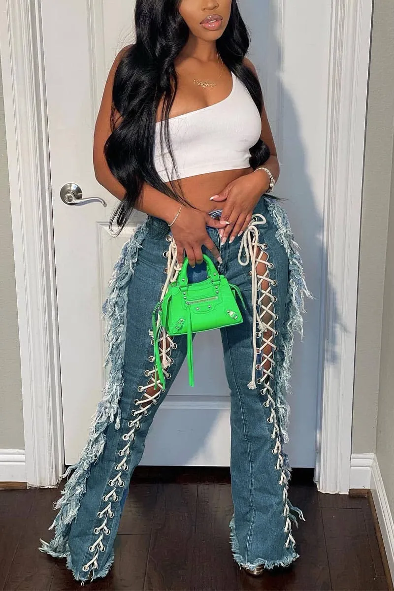 PB855 Side Fringe Lace Up Jeans