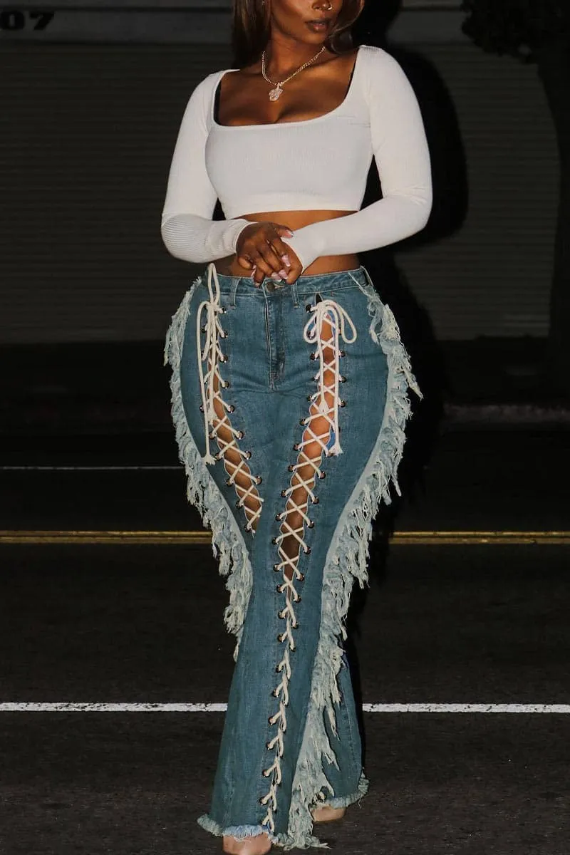 PB855 Side Fringe Lace Up Jeans
