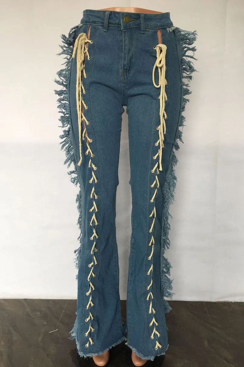 PB855 Side Fringe Lace Up Jeans