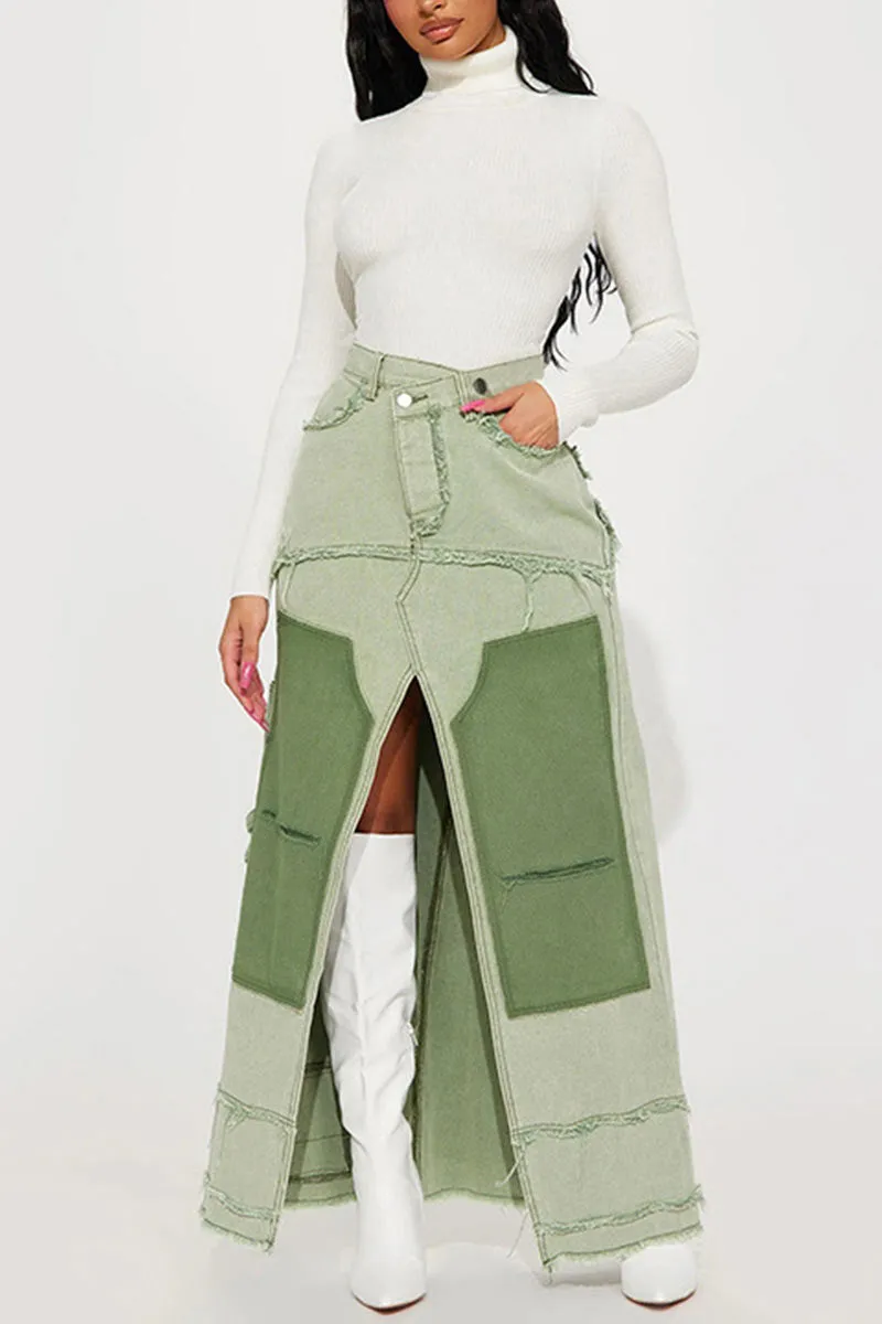 QG0456 Denim Maxi Long Skirt