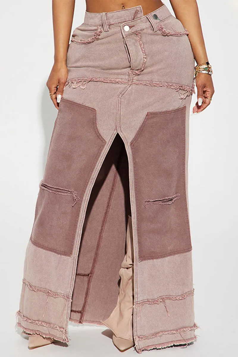 QG0456 Denim Maxi Long Skirt