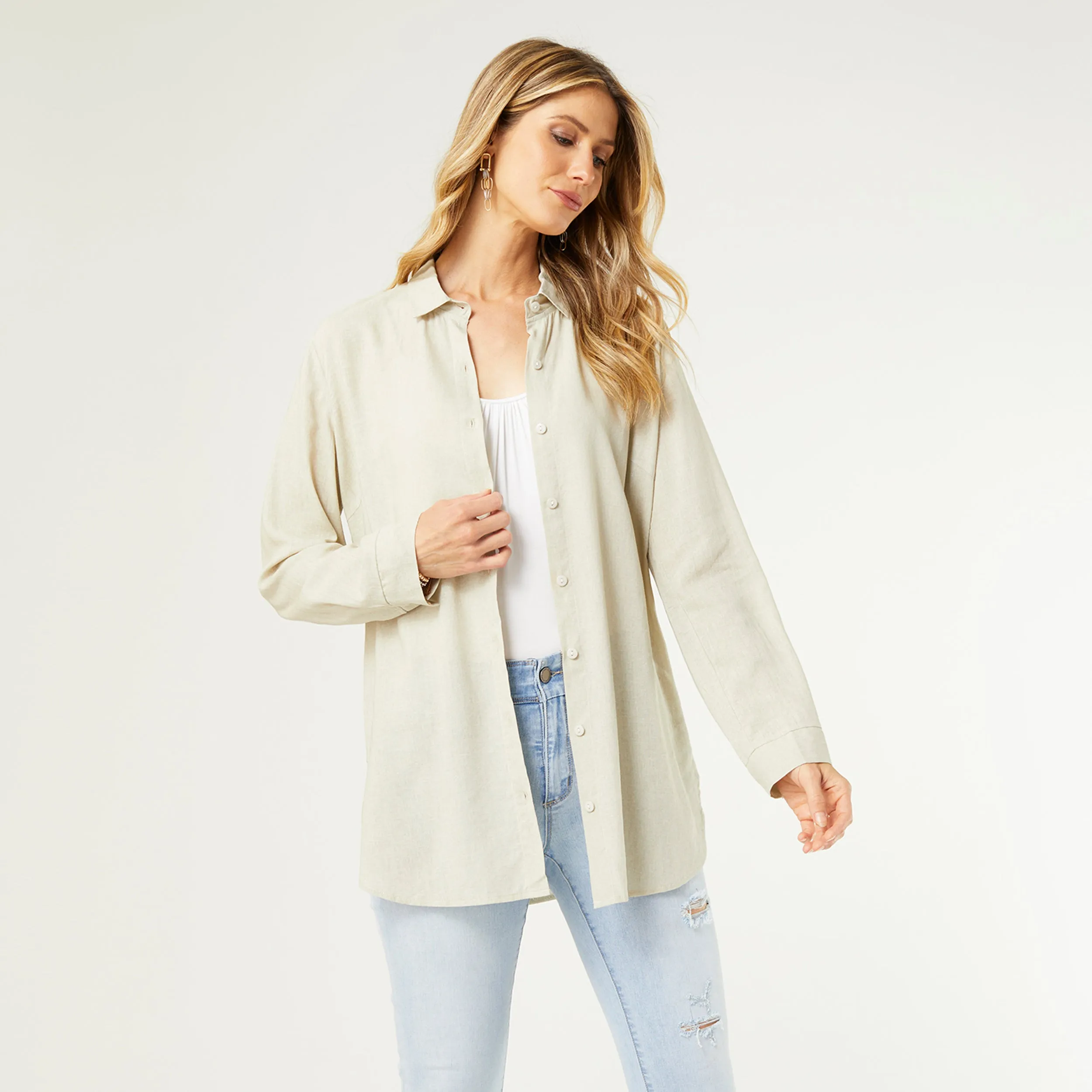 Skyla Button Down Tunic Top - Sand