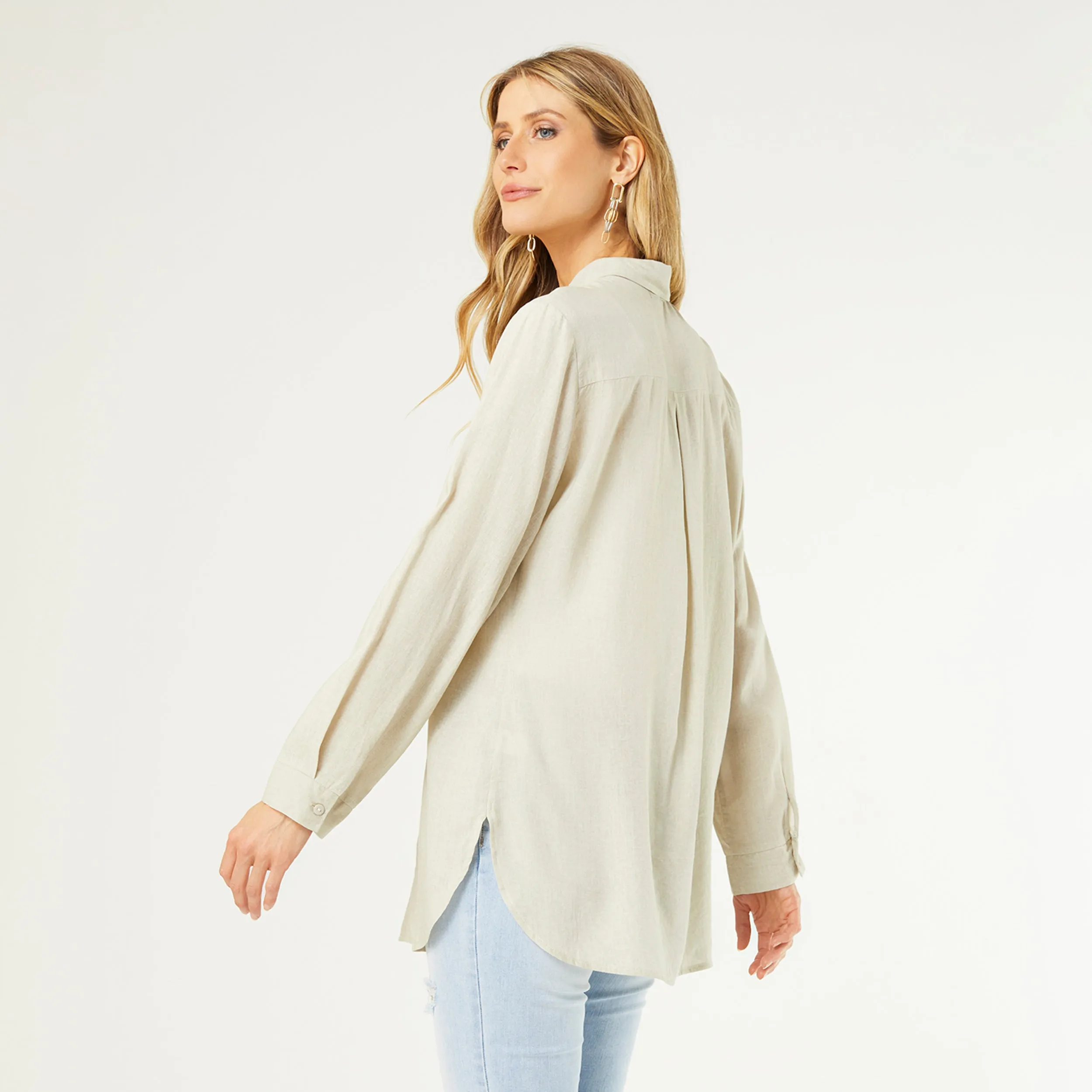 Skyla Button Down Tunic Top - Sand