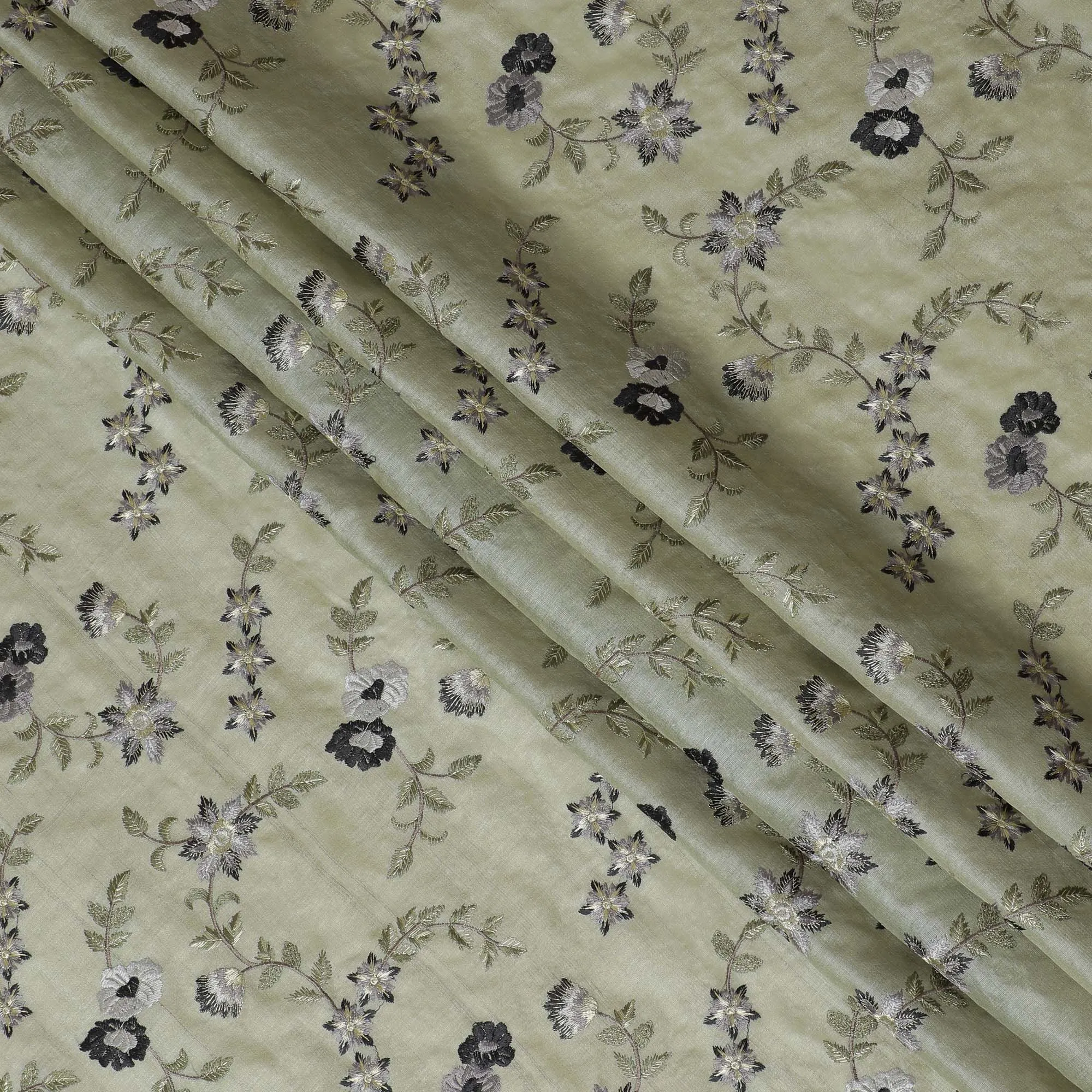 Sublime Sage Green Tussar Silk Fabric with Monochrome Floral Embroidery, 110 cm Wide â€“ Indian Heritage Textile-D18977