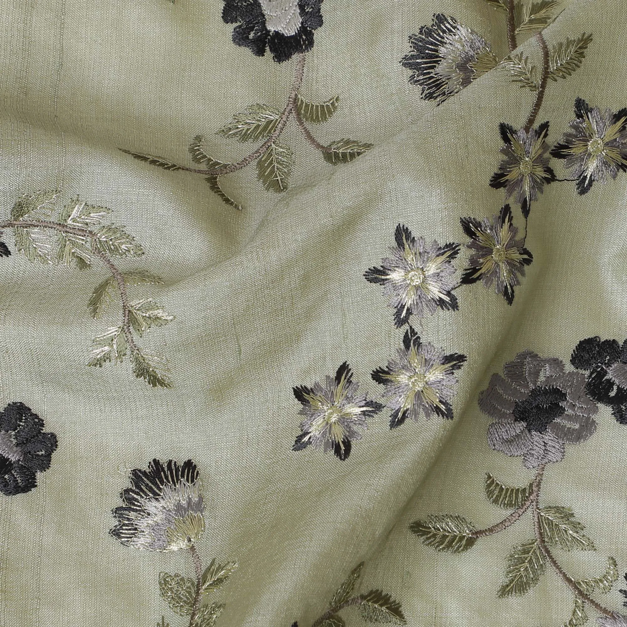 Sublime Sage Green Tussar Silk Fabric with Monochrome Floral Embroidery, 110 cm Wide â€“ Indian Heritage Textile-D18977