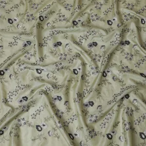 Sublime Sage Green Tussar Silk Fabric with Monochrome Floral Embroidery, 110 cm Wide â€“ Indian Heritage Textile-D18977
