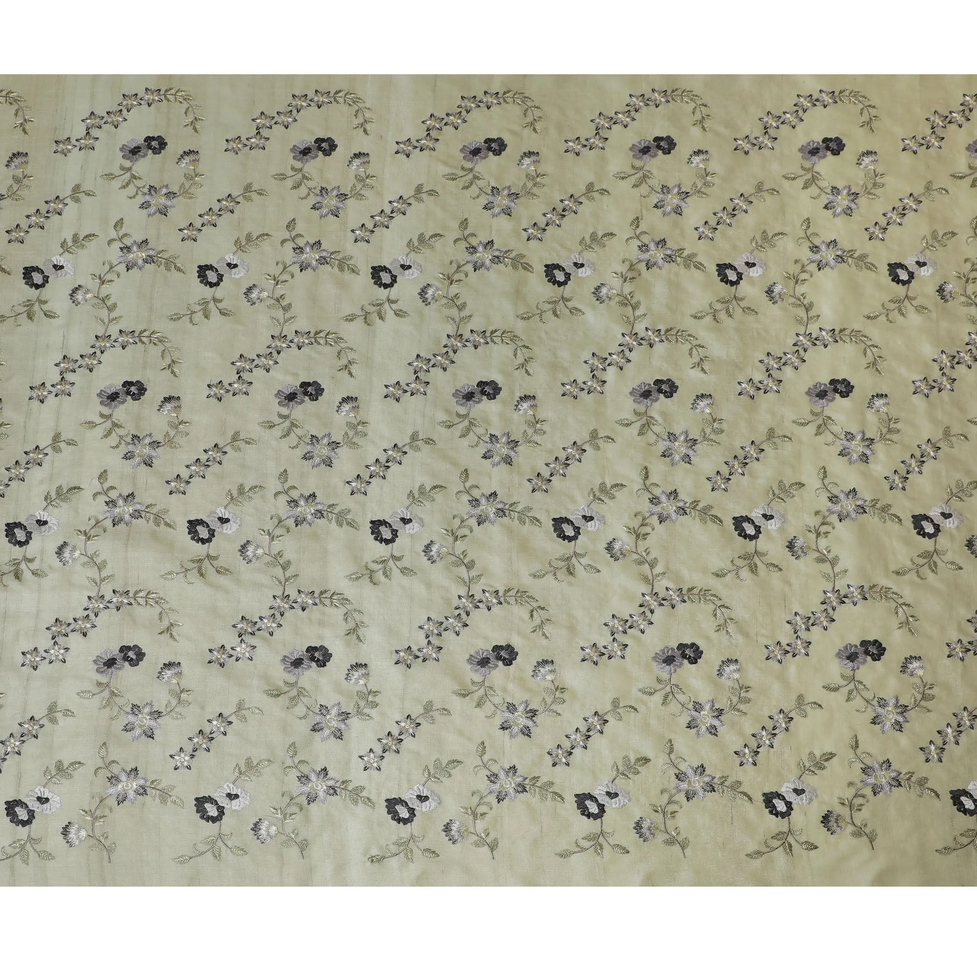 Sublime Sage Green Tussar Silk Fabric with Monochrome Floral Embroidery, 110 cm Wide â€“ Indian Heritage Textile-D18977