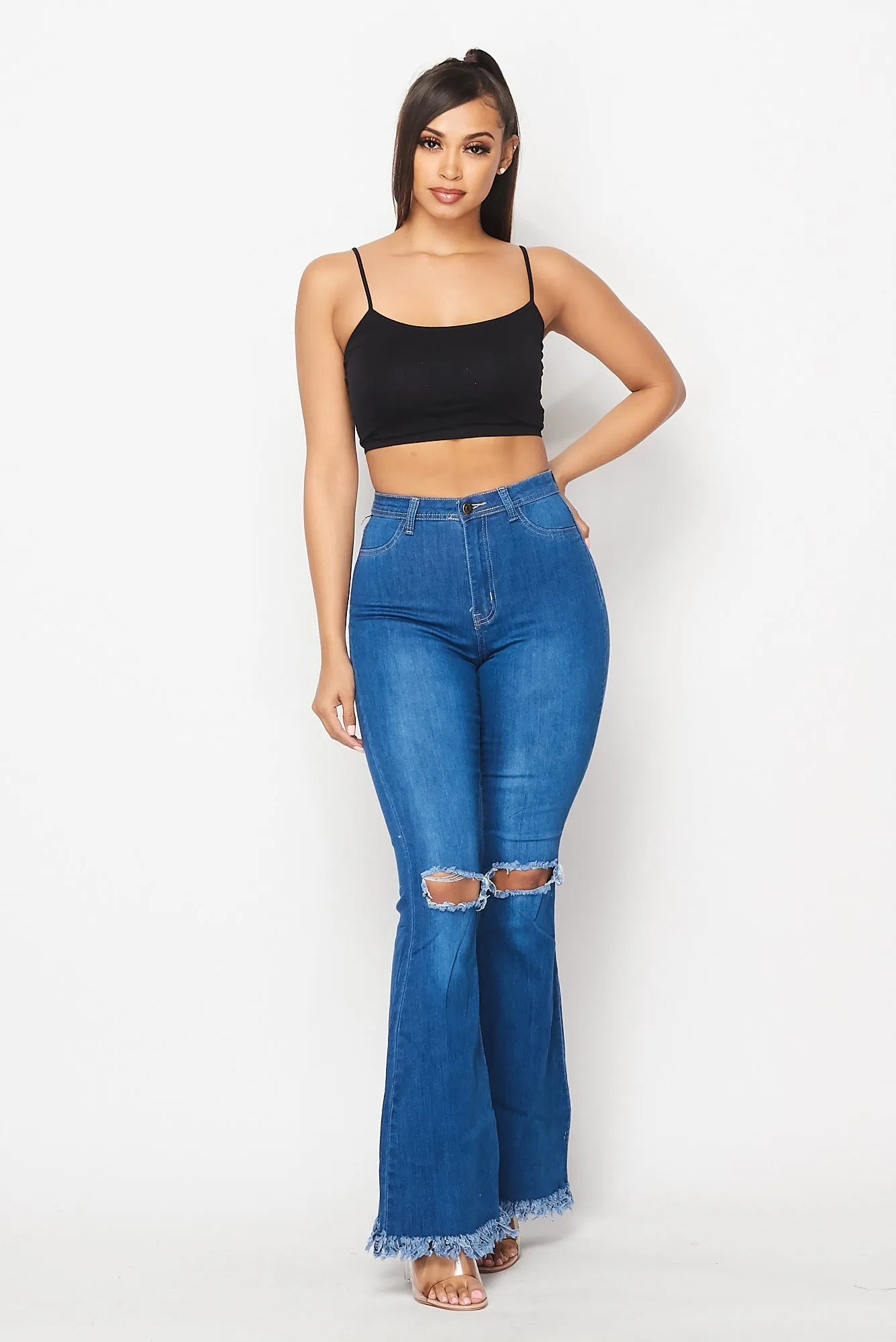 Super High Waisted Slit Distressed Bell Bottoms - Medium Denim