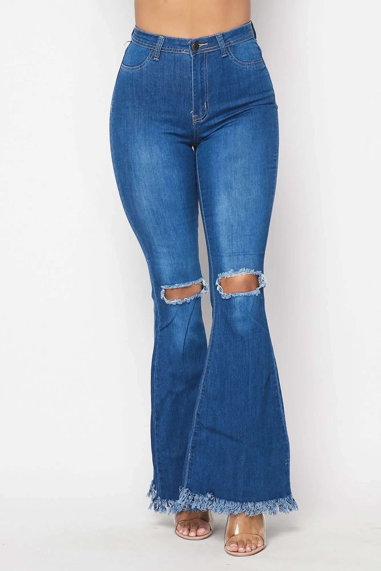 Super High Waisted Slit Distressed Bell Bottoms - Medium Denim