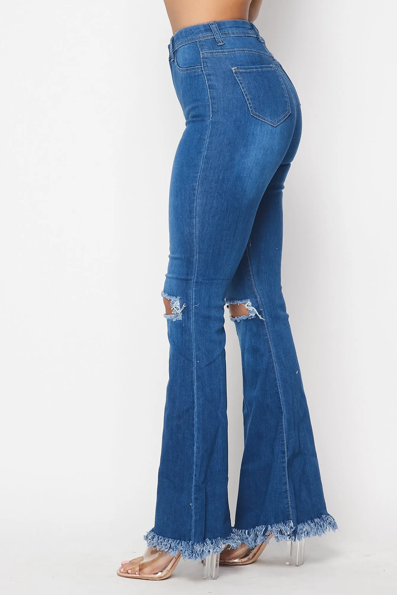 Super High Waisted Slit Distressed Bell Bottoms - Medium Denim
