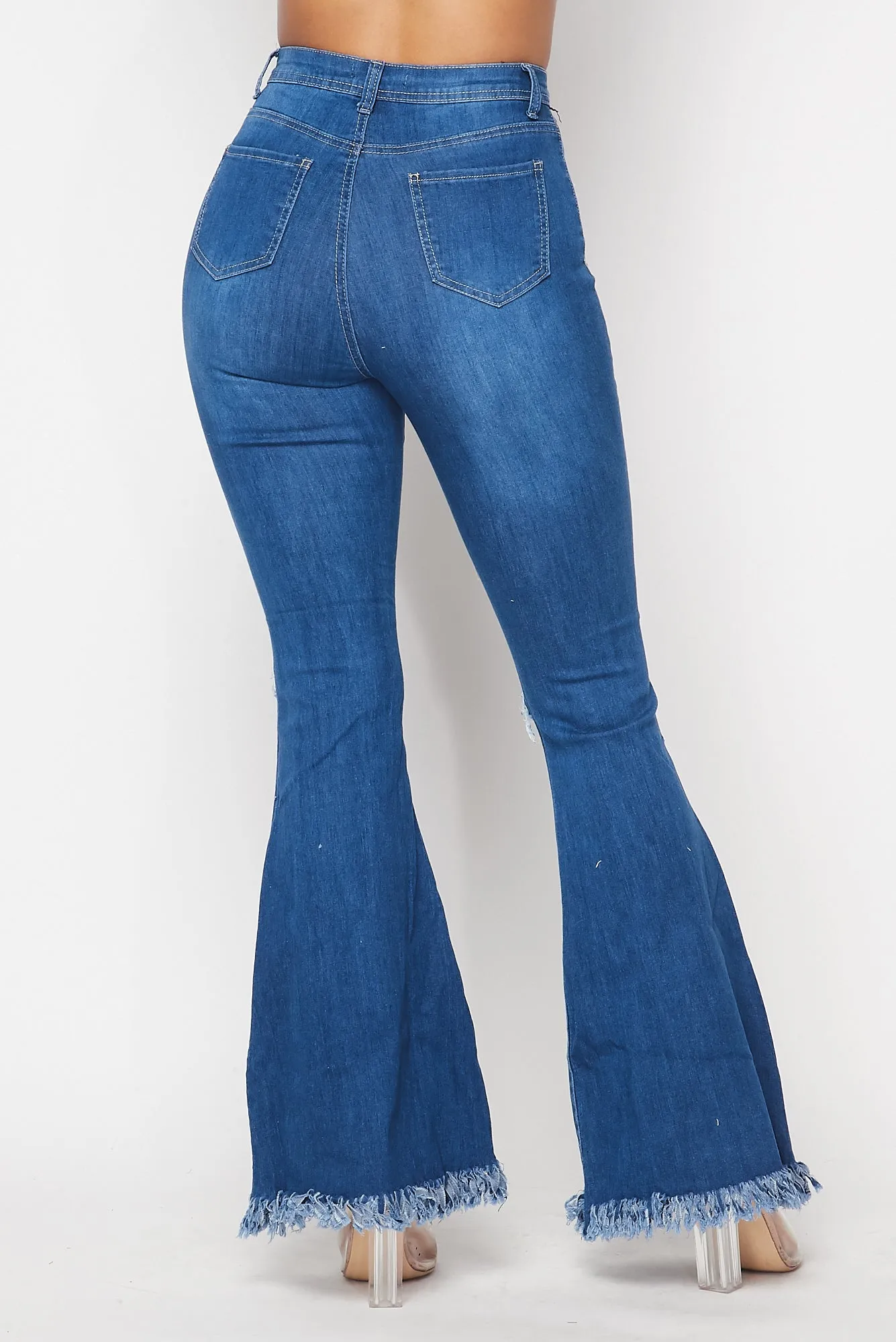 Super High Waisted Slit Distressed Bell Bottoms - Medium Denim