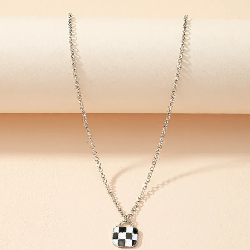 Sweet and Chic Monochrome Checkerboard Cross-border Necklace with Eight Diagrams Pendant
