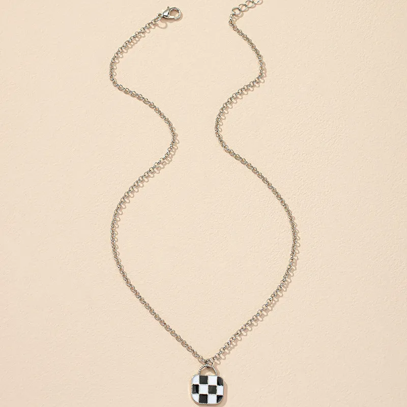 Sweet and Chic Monochrome Checkerboard Cross-border Necklace with Eight Diagrams Pendant