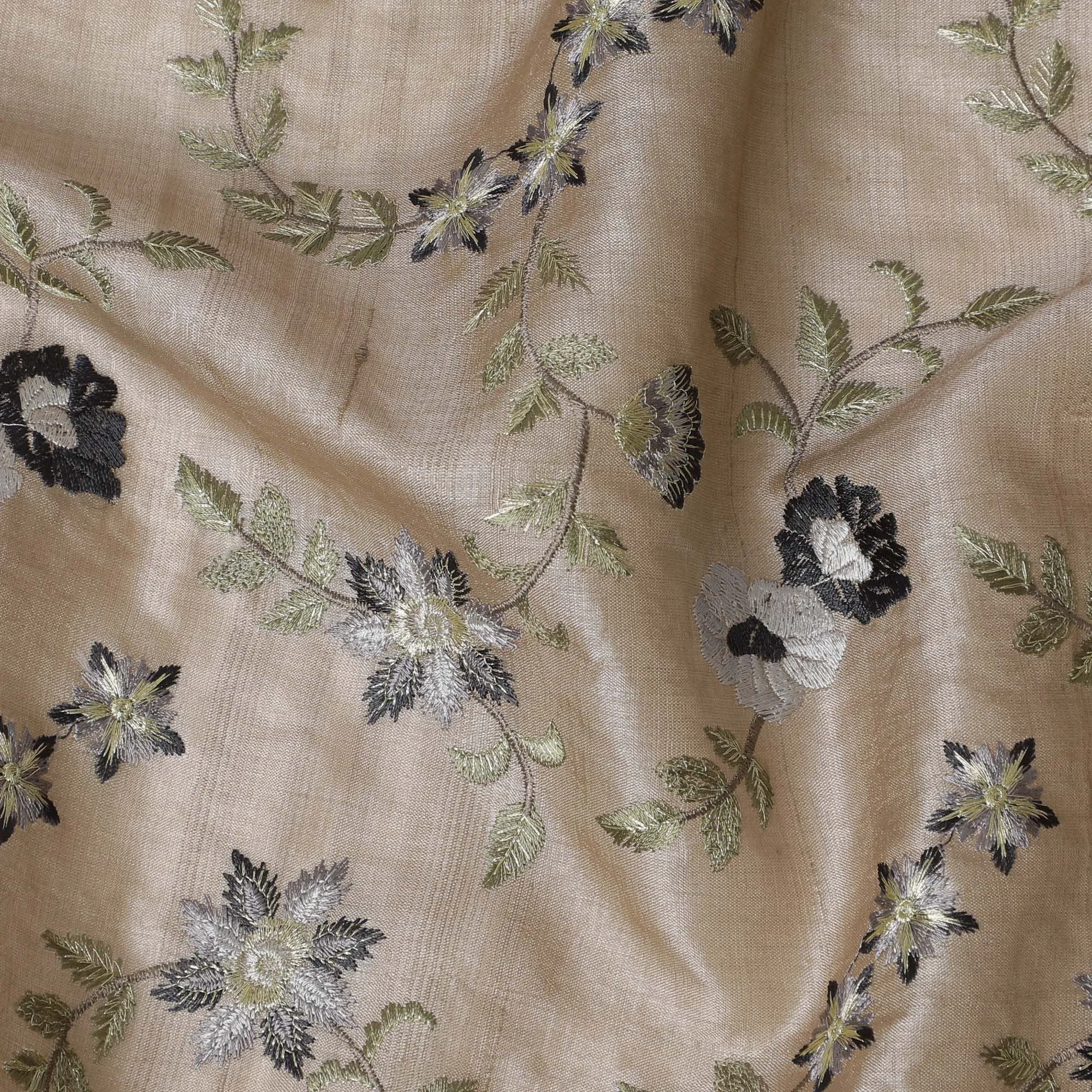 Taupe Tussar Silk Fabric with Monochrome Embroidery, 110cm Width - Artisanal Textile from India-D17924