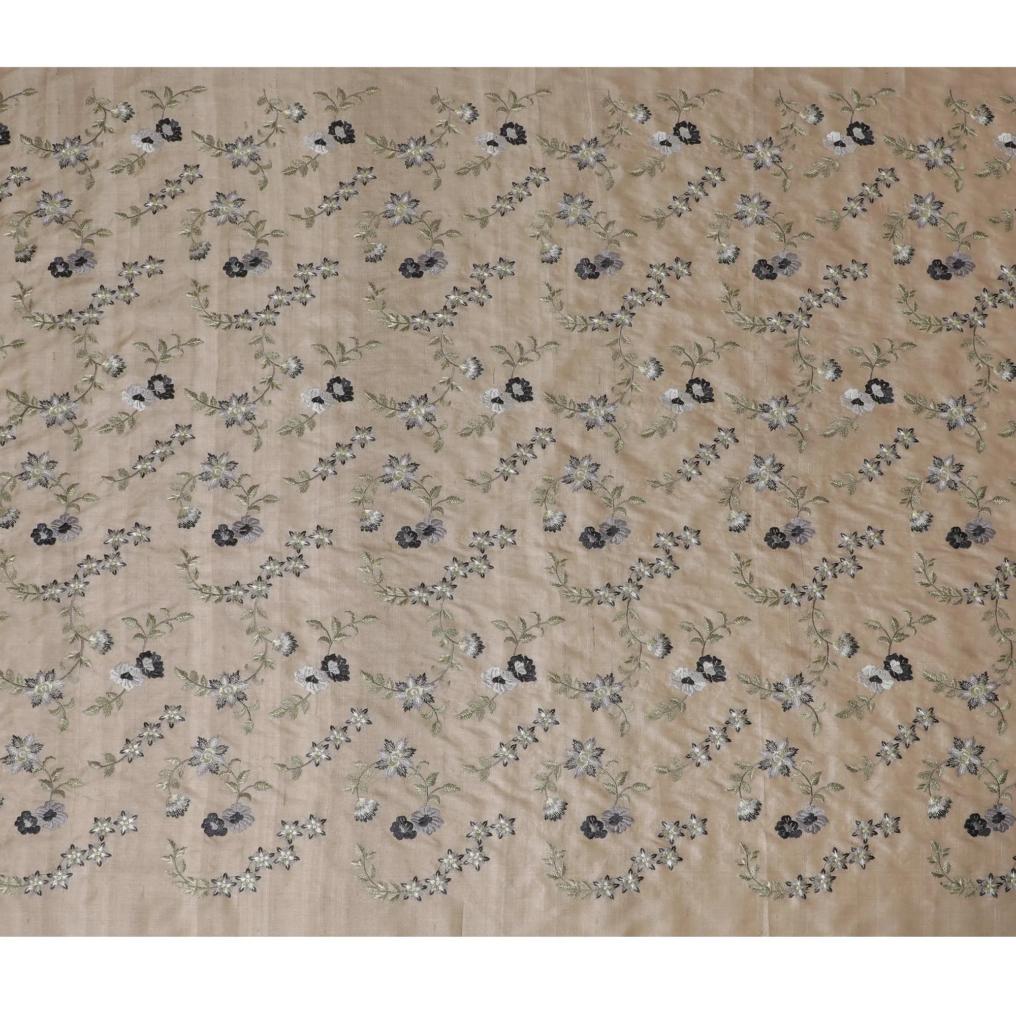 Taupe Tussar Silk Fabric with Monochrome Embroidery, 110cm Width - Artisanal Textile from India-D17924