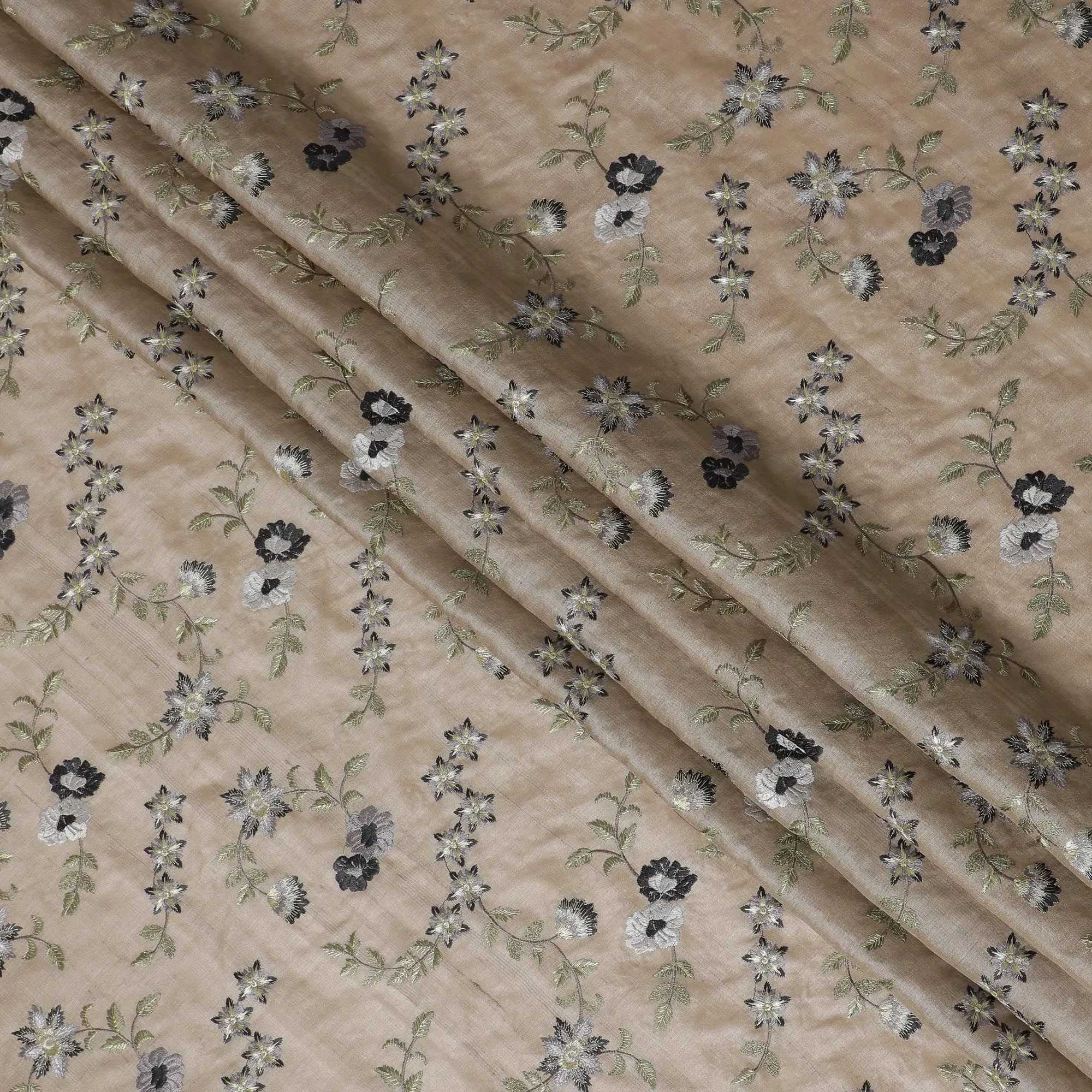 Taupe Tussar Silk Fabric with Monochrome Embroidery, 110cm Width - Artisanal Textile from India-D17924