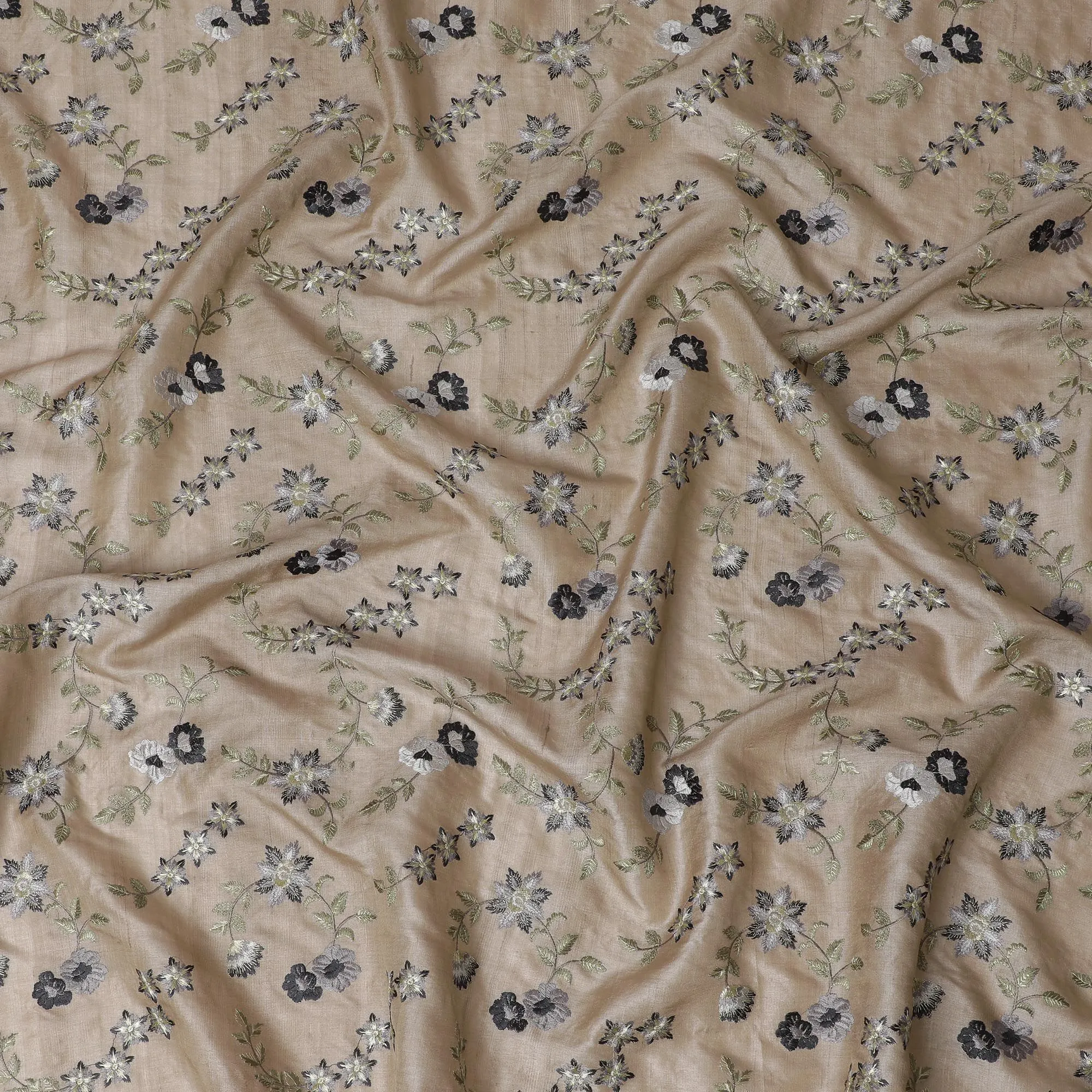 Taupe Tussar Silk Fabric with Monochrome Embroidery, 110cm Width - Artisanal Textile from India-D17924