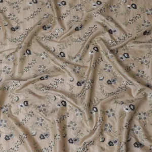 Taupe Tussar Silk Fabric with Monochrome Embroidery, 110cm Width - Artisanal Textile from India-D17924