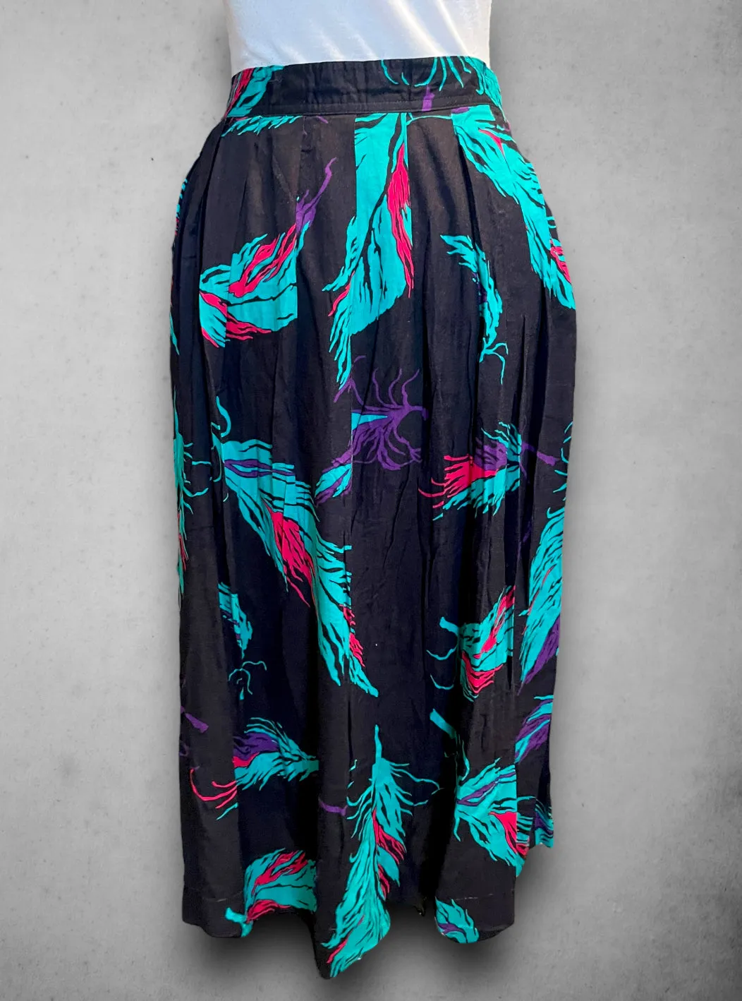 Vintage 1980’s Long Black, Teal Blue, Magenta Pink & Purple Feather Pattern Pocket Skirt