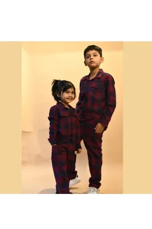 Wine And Blue Printed Jacket With Cargo Pant Set