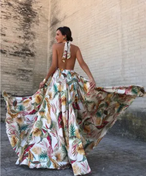 Women's Summer Casual Backless Long Dress With Floral Print