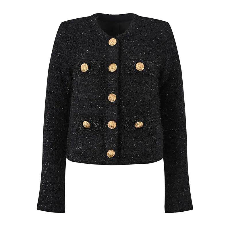 Women's Tweed Jacket Short Coat with Gold Buttons