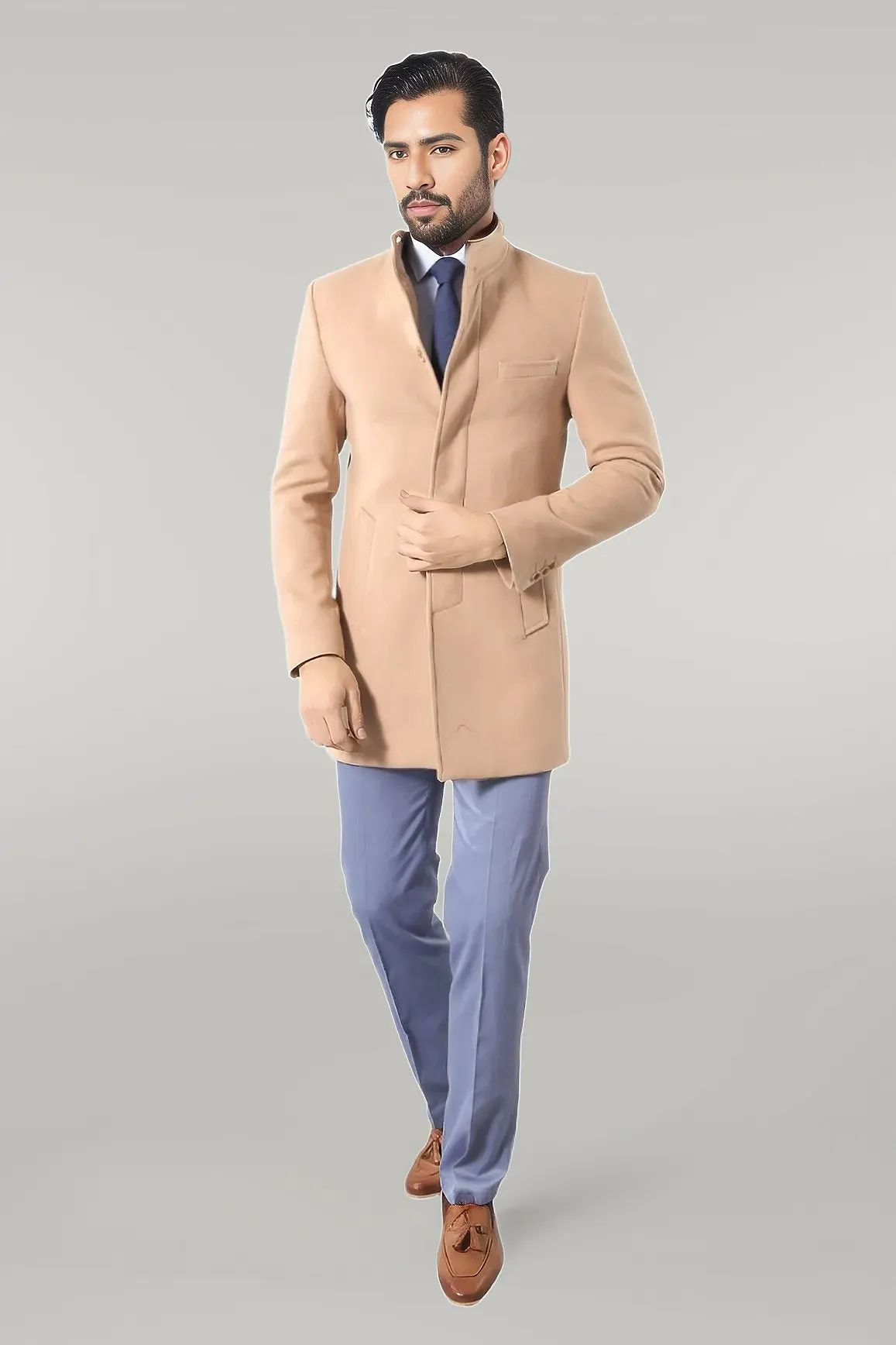 WSS Mandarin Collar Beige Men's Long Men's Coat  - Singen
